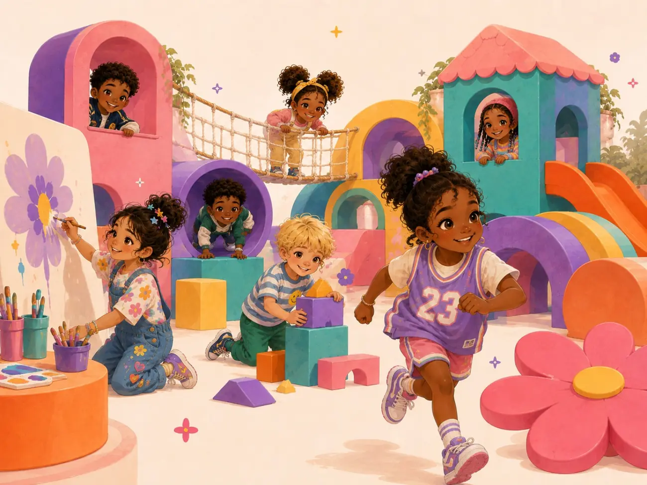 Children immersed in a colourful MINIscapes party world with art, climbing, building and play