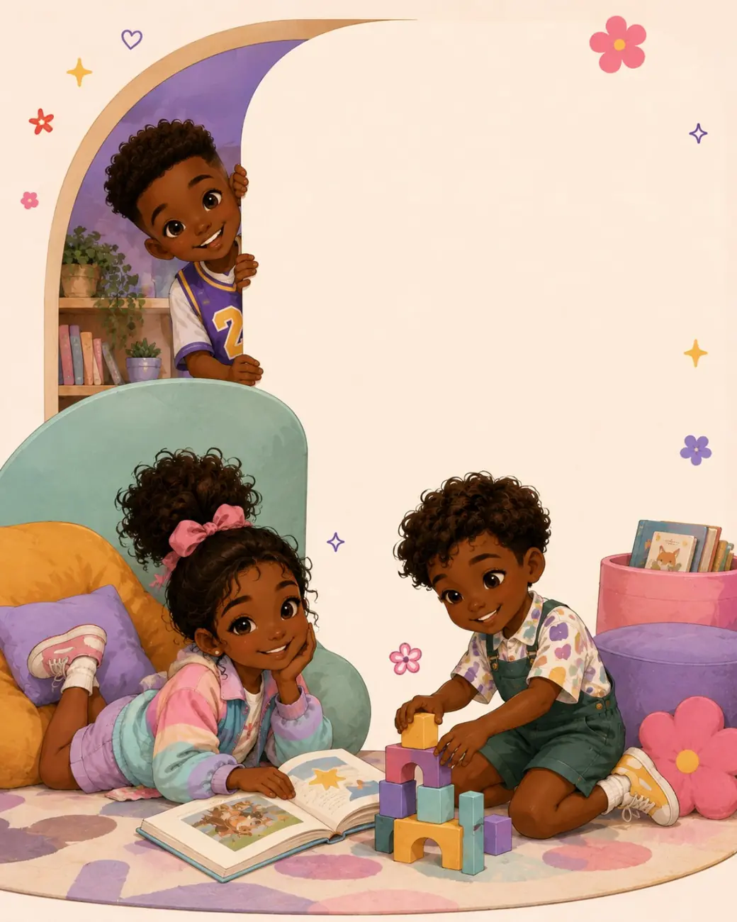 Children reading and building together in a cozy illustrated room
