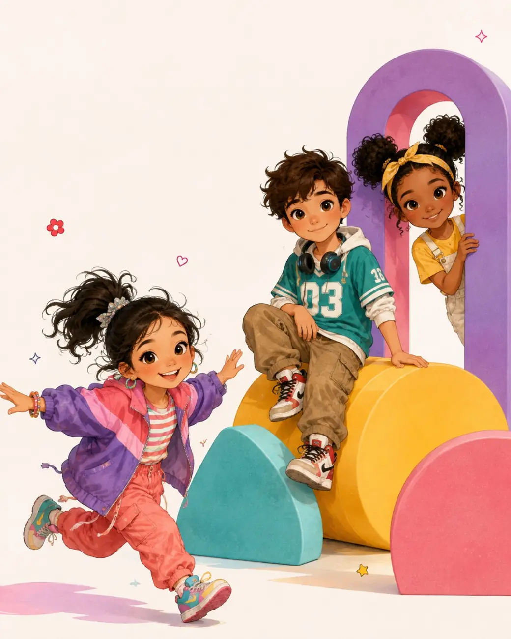 A diverse group of children playing on colourful soft-play shapes
