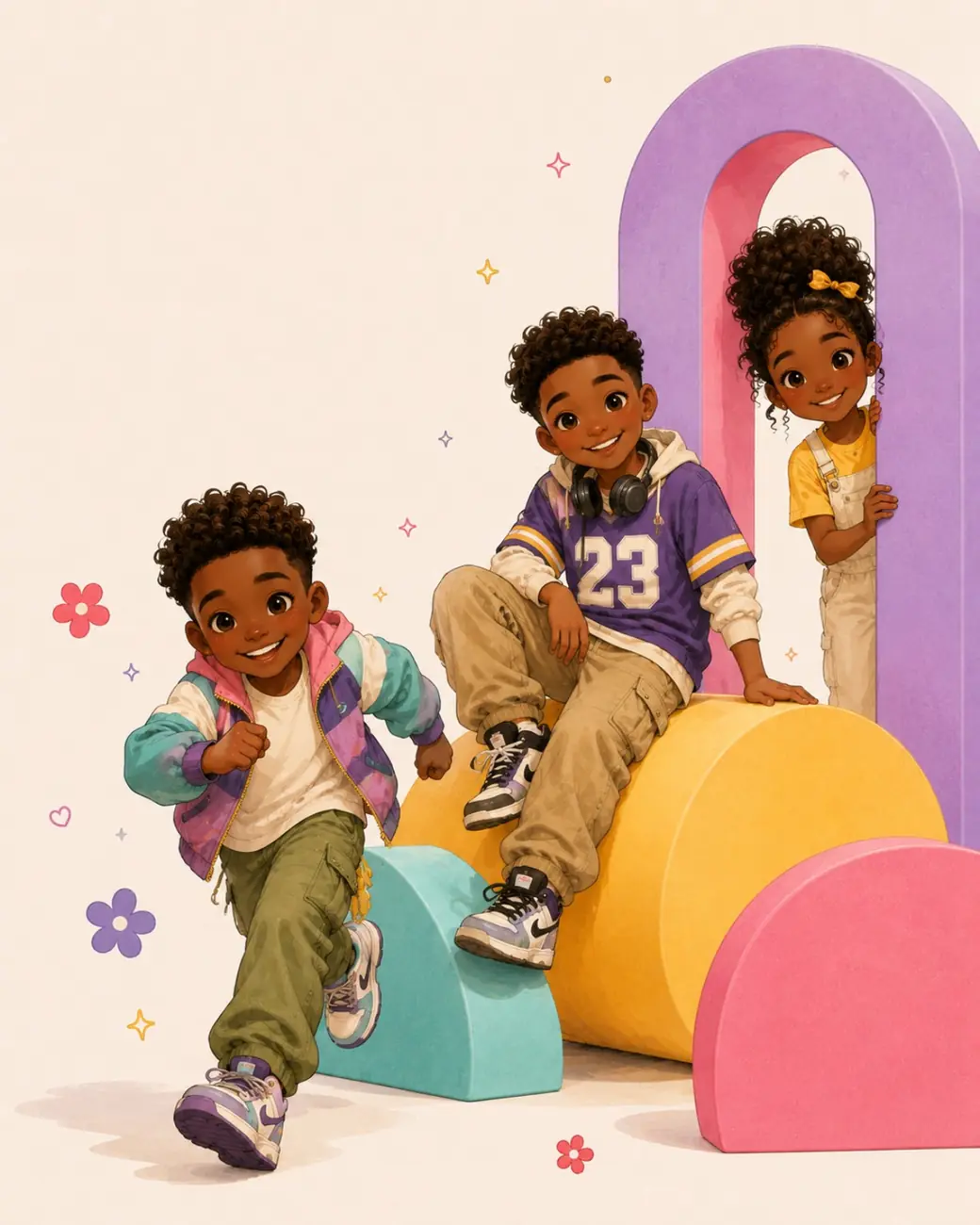 A mixed group of children playing around colourful shapes