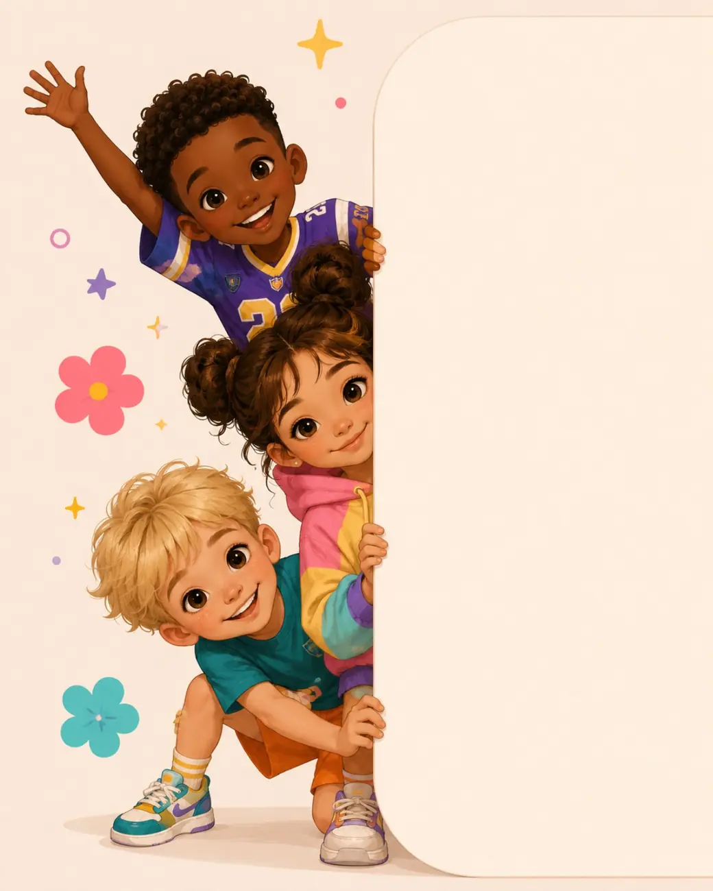 Three children peeking playfully around a cream panel