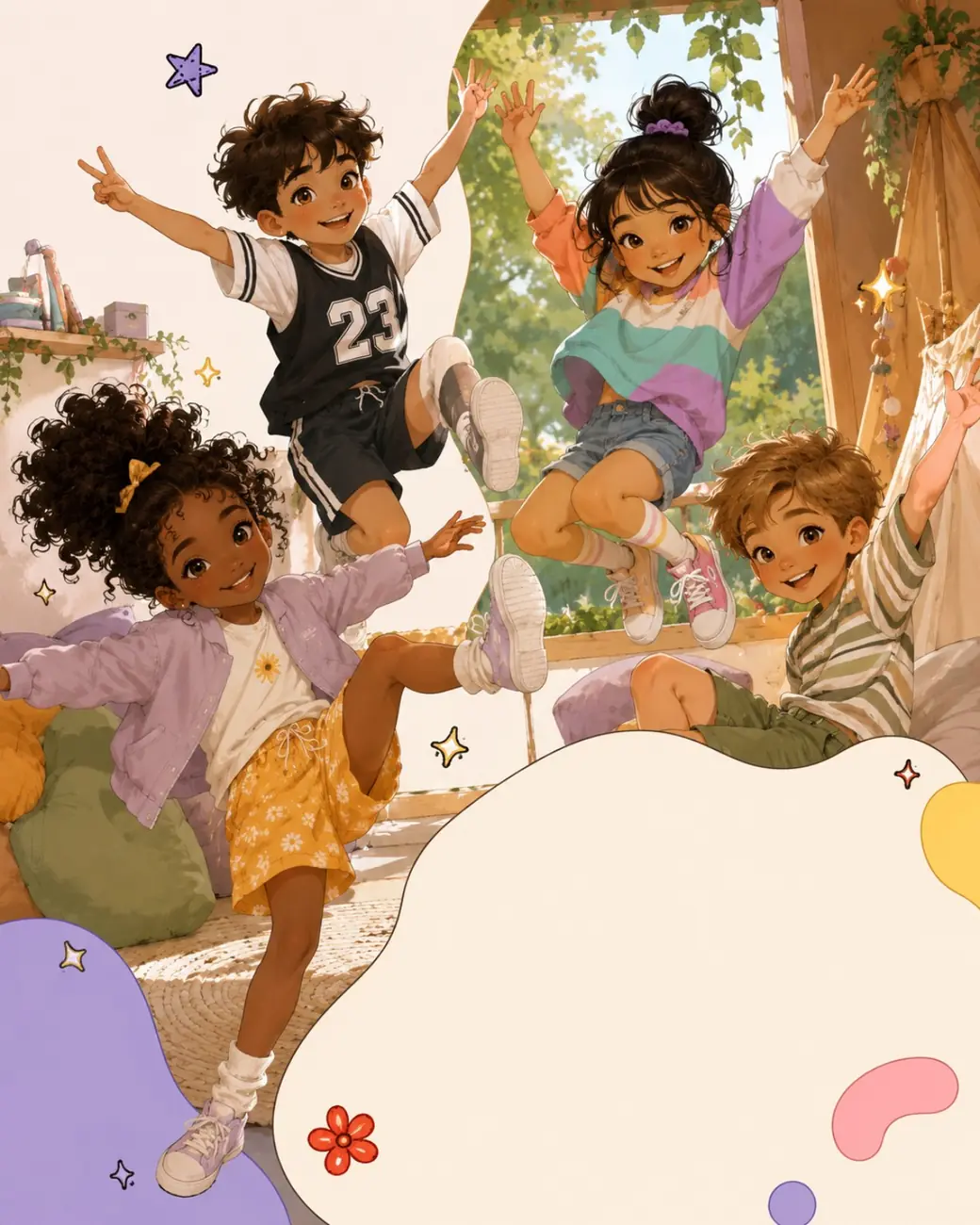 A playful illustration of children jumping and laughing together