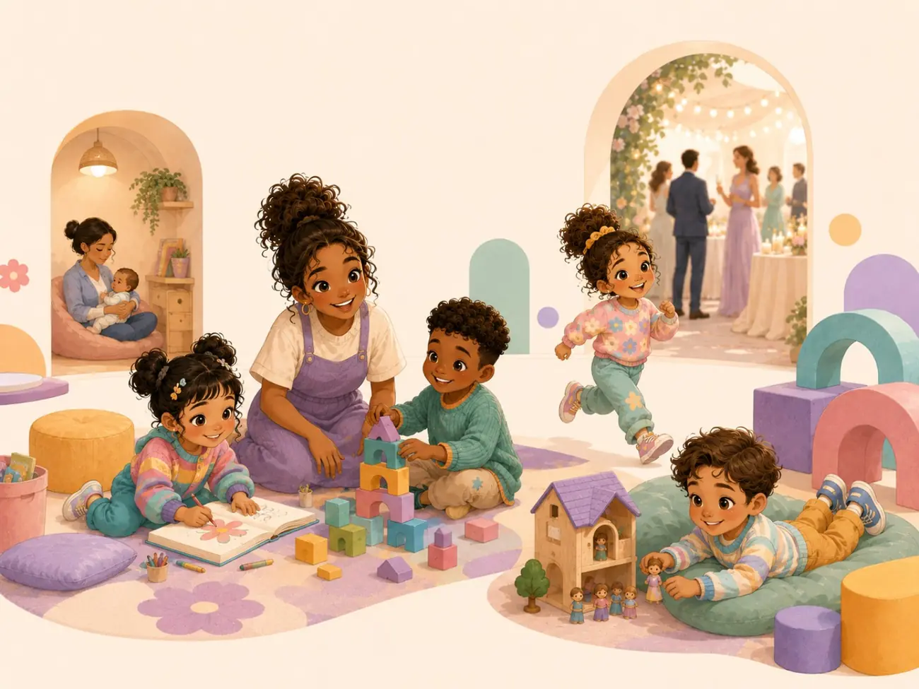 Children being cared for in a colourful MINIscapes space while the wider event continues nearby