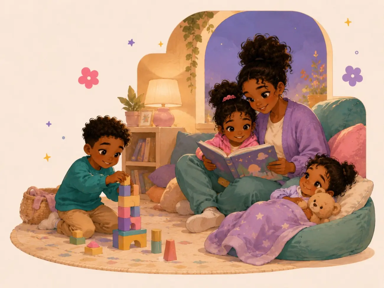 A caregiver reading with children during a calm evening at home