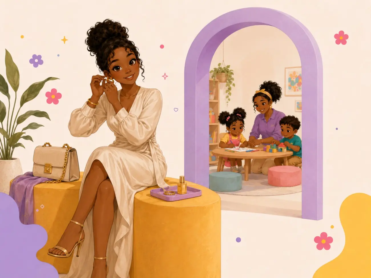 A mother getting ready to go out while a caregiver plays with her children nearby