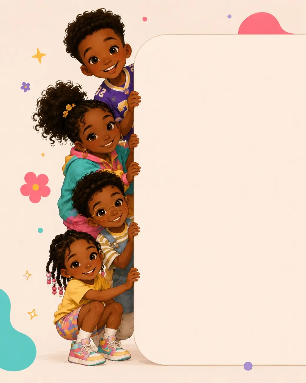 Children peeking from behind a cream panel